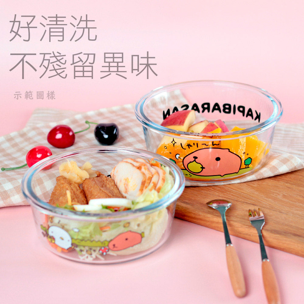 日本【水豚君KAPIBARASAN】圓形玻璃保鮮盒620ML-花朵