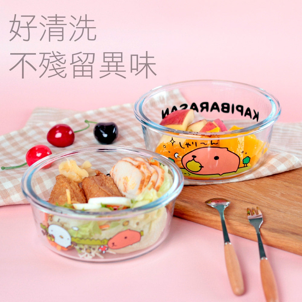 日本【水豚君KAPIBARASAN】圓形玻璃保鮮盒620ML-經典