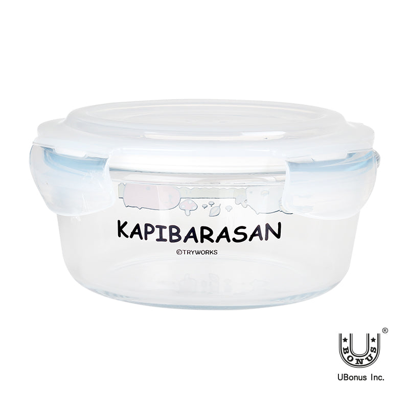 日本【水豚君KAPIBARASAN】圓形玻璃保鮮盒620ML-採菇趣