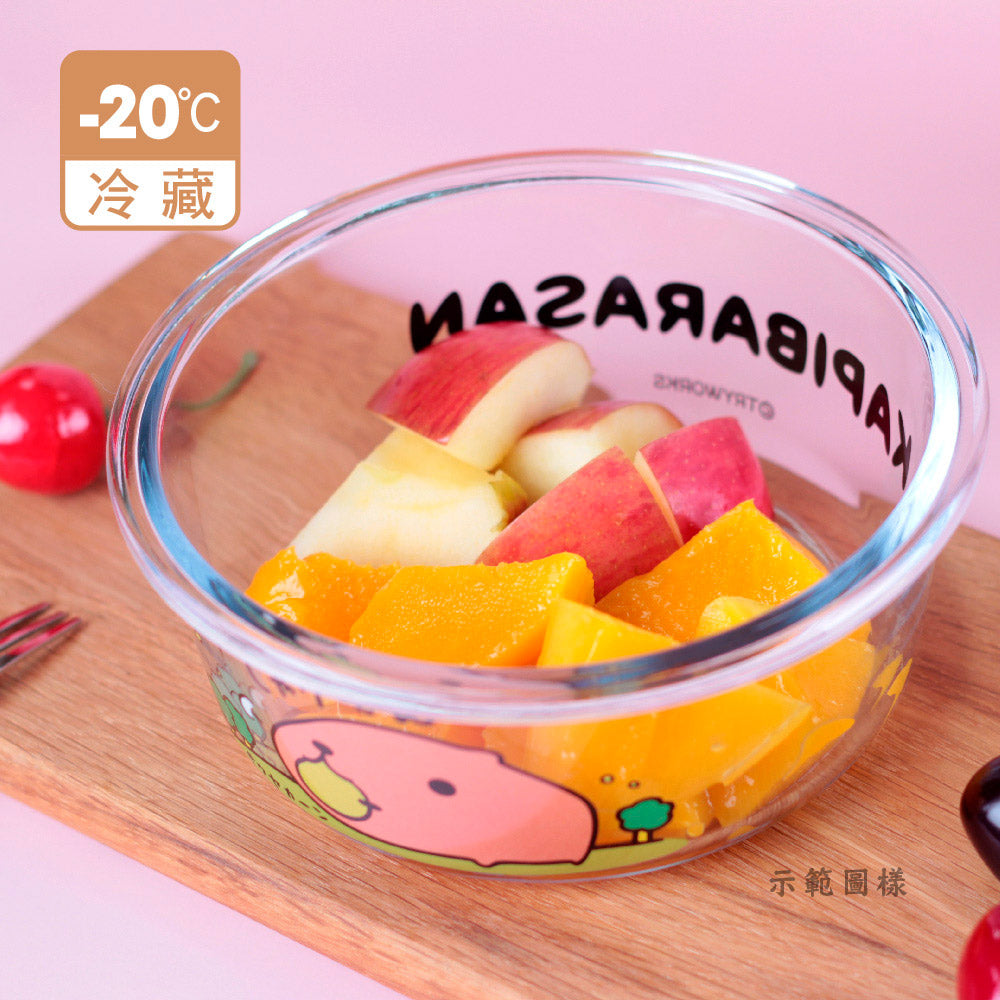 日本【水豚君KAPIBARASAN】圓形玻璃保鮮盒620ML-採菇趣