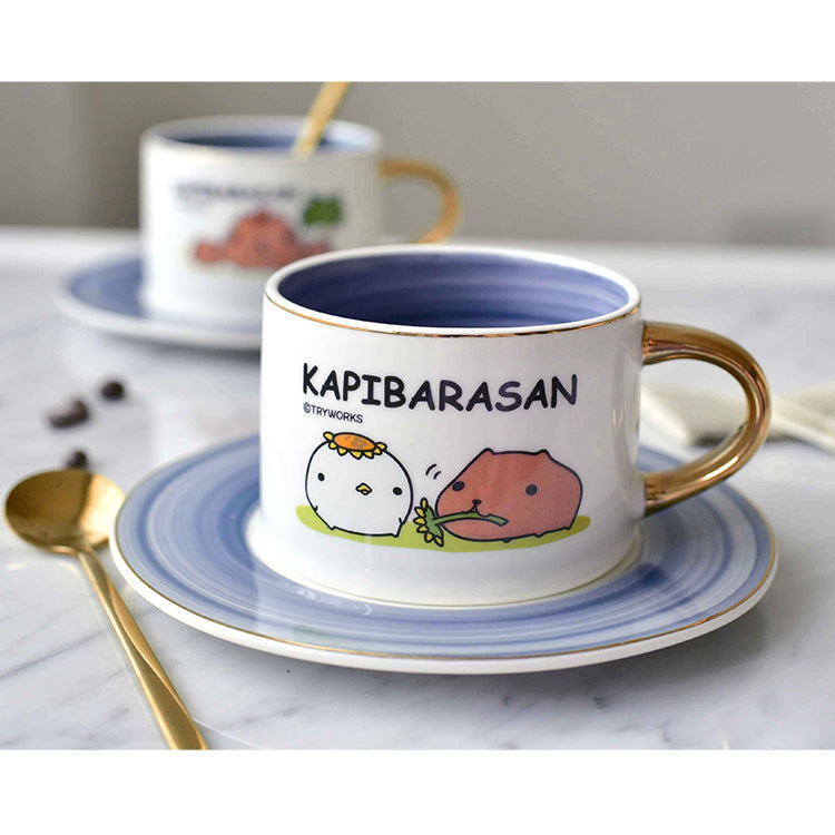 日本【水豚君KAPIBARASAN】漸變咖啡杯盤組(向日葵)