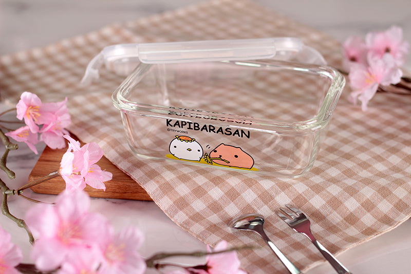 日本【水豚君KAPIBARASAN】 長形玻璃保鮮盒570ML－採菇趣